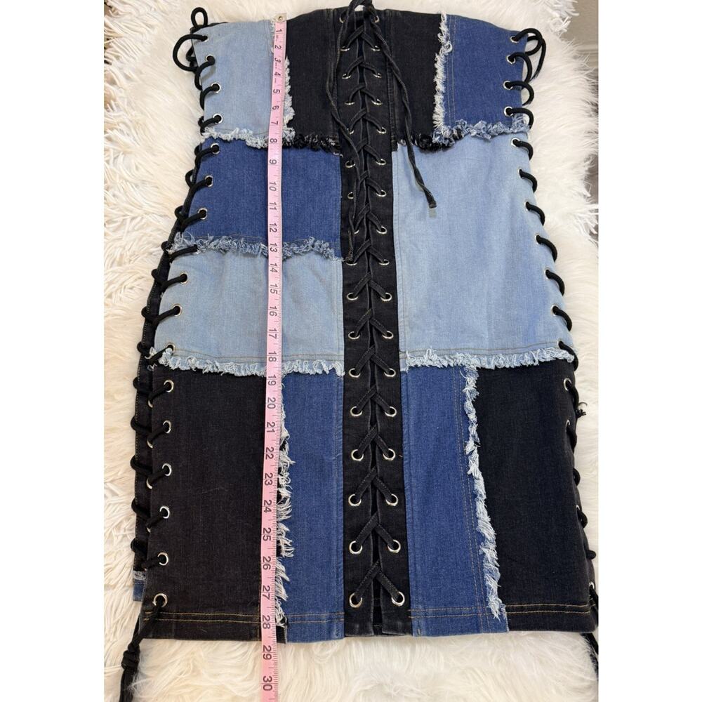 Akira Strapless, Patchwork, Side Closure, Denim Dress-M - Picture 3 of 4